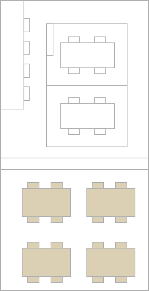 店内の間取り図。テーブル席の位置を示しています